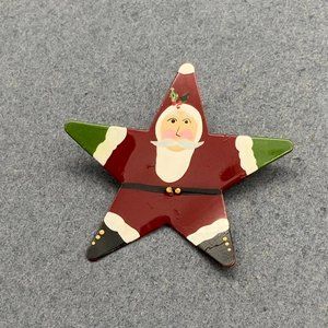Santa Star Pin Brooch Handpainted Red Green Black